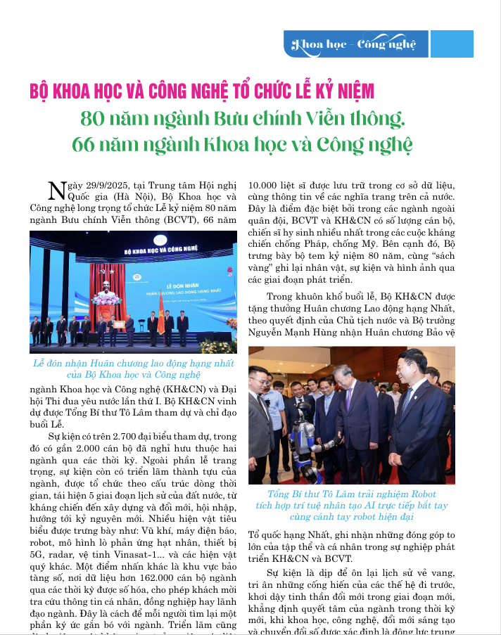 BỘ KHOA HỌC VÀ CÔNG NGHỆ TỔ CHỨC LỄ KỶ NIỆM 80 năm ngành Bưu chính Viễn thông, 66 năm ngành Khoa học và Công nghệ